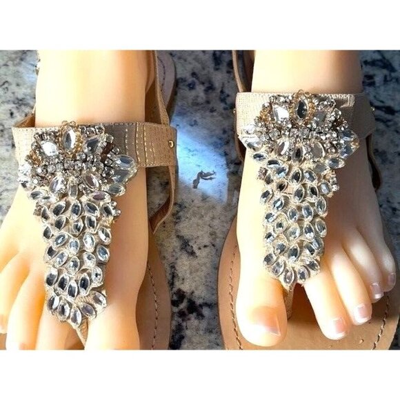 BCBG Generation Belluna Rhinestone Gold Tan Sandals Size 9 1/2 B - Picture 2 of 6